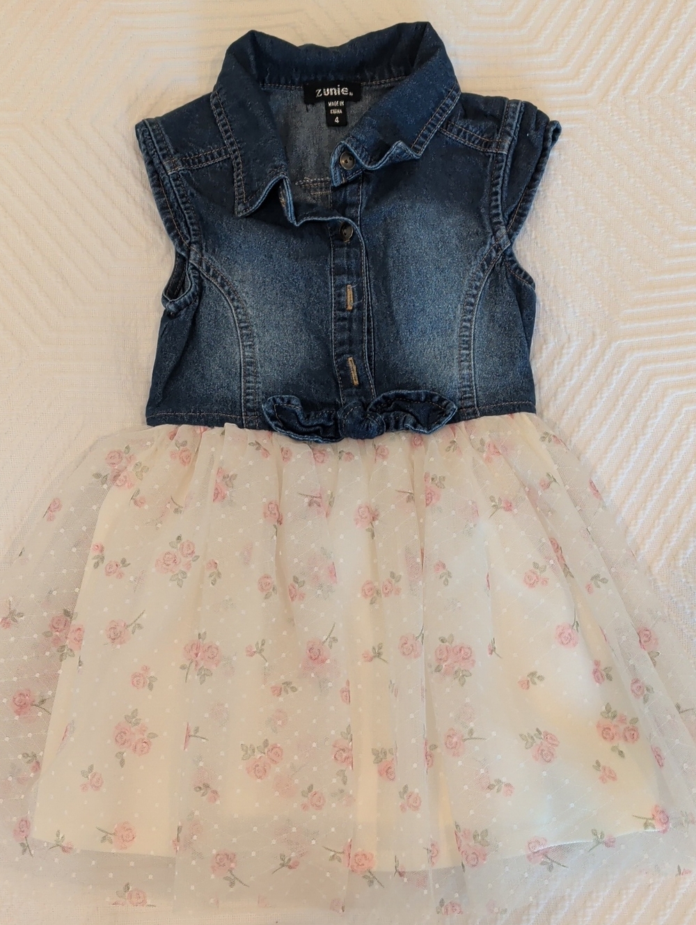 Zunie Denim Bodice Dress with Cream Floral Tulle and Pink Roses
